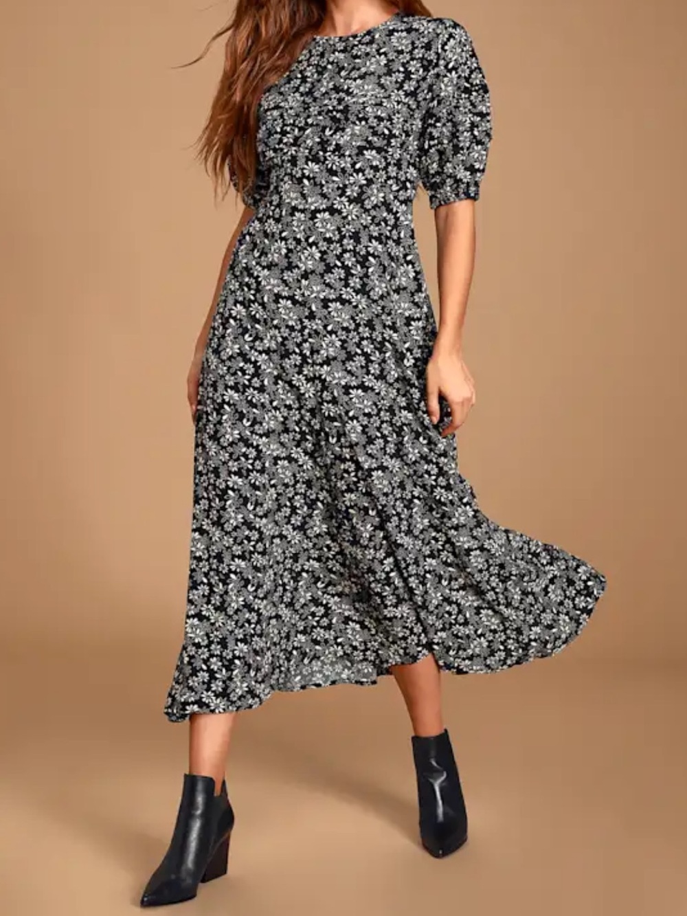 Free People Jessie Floral Print Puff Sleeve Midi Dress Black Viscose 4